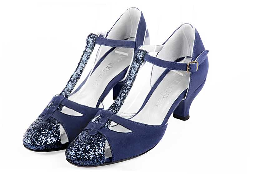 Prussian blue women's T-strap open side shoes. Round toe. Medium spool heels. Front view - Florence KOOIJMAN
